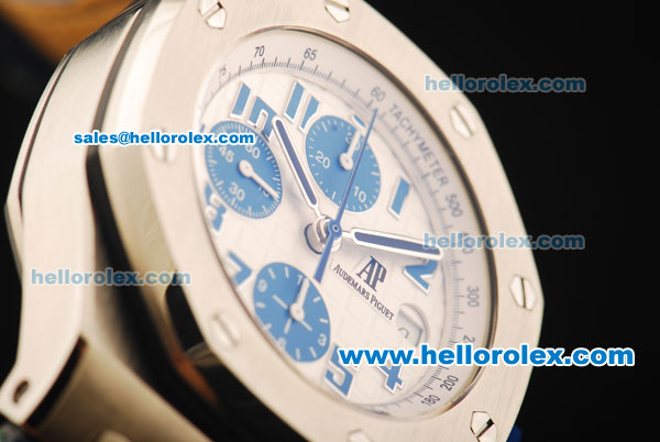Audemars Piguet Royal Oak Offshore Chronograph Swiss Valjoux 7750 Automatic Movement Steel Case with Blue Markers and Blue Leather Strap - Click Image to Close